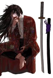 1boy ashashio barefoot bishounen black_pants blue_eyes brown_hair chinese_commentary collared_shirt commentary_request dress_shirt floating_hair floral_print flower flower_over_mouth hanachirasu hand_up haori highres holding holding_flower indian_style japanese_clothes katana long_hair looking_at_viewer male_focus pants print_haori red_flower red_haori sheath shirt shirt_tucked_in simple_background sitting solo sword takeda_akane unsheathed weapon white_background white_shirt