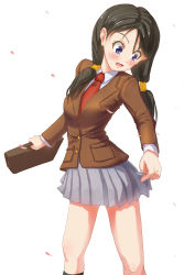Rule 34 | 1girl, black hair, blue eyes, blush, breasts, dragon ball, dragonball z, highres, long hair, necktie, open mouth, oshou (o shou), school uniform, simple background, skirt, socks, twintails, videl