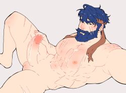 1boy abs aged_up bara beard blue_hair completely_nude cum cum_on_body cum_on_penis erection facial_hair fire_emblem fire_emblem:_radiant_dawn full_beard headband ike_(fire_emblem) large_pectorals male_focus multiple_scars muscular muscular_male nintendo nipples nude pectorals penis red_headband scar short_hair solo testicles variant_set wickedsturdy