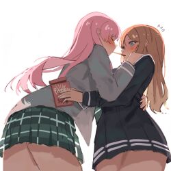 2girls bang_dream! bang_dream!_it&#039;s_mygo!!!!! blue_eyes blue_shirt blue_skirt blush brown_hair chihaya_anon closed_eyes commentary food green_skirt grey_jacket hand_on_another&#039;s_shoulder hand_on_another&#039;s_waist haneoka_school_uniform hashtag-only_commentary jacket long_hair long_sleeves milktea_(gggrrr2000) multiple_girls nagasaki_soyo pink_hair plaid_clothes plaid_skirt pocky pocky_kiss school_uniform shared_food shirt simple_background skirt tsukinomori_school_uniform white_background yuri