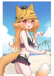@_@ absurdres animal_ears beach bikini black_bikini breasts cat_girl cat_tail cowboy_shot flustered from_side hard_hat helmet highres looking_at_viewer midriff ocean orange_hair original outdoors paw_pose red_eyes small_breasts srtdrawart swimsuit tail thighs