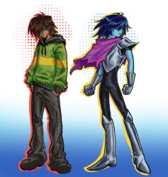 1boy adapted_costume armor armored_boots black_bodysuit blue_hair blue_skin bodysuit boots breastplate brown_hair cape clenched_hands colored_skin commentary deltarune dual_persona english_commentary full_body gauntlets gloves gradient_background green_hoodie grey_boots grey_pants hair_over_eyes hands_in_pockets hood hood_down hoodie kris_(dark_world)_(deltarune) kris_(deltarune) male_focus medium_hair pants pink_cape sbooopie shaded_face standing striped_clothes striped_hoodie yellow_hoodie yellow_skin