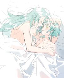 2girls aqua_hair bang_dream! bed blush highres hikawa_hina hikawa_sayo incest long_hair multiple_girls seza_(enlwnaos) short_hair siblings sisters twincest twins yuri