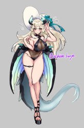 1girl bare_shoulders bikini black_bikini black_horns black_leotard black_tail black_wings blonde_hair blue_horns blue_tail blue_wings blush breasts chamber_dragonmaid cleavage dragon_girl dragon_horns dragon_tail dragon_wings duel_monster full_body grey_background highres horns leotard long_hair low_wings multicolored_horns see-through_cleavage see-through_clothes see-through_leotard simple_background solo swimsuit tail tokiwajing twitter_username two-tone_horns two-tone_tail two-tone_wings wings yu-gi-oh!