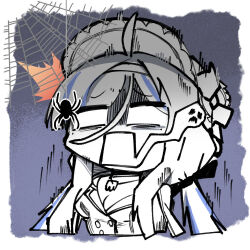 1girl arachnophobia artist_request blue_hair bug chibi chibi_only chinese_commentary color_drain girls&#039;_frontline girls&#039;_frontline_neural_cloud giving_up_the_ghost gloom_(expression) jacket millau_(neural_cloud) official_art open_mouth scared second-party_source silk solo spider spider_web surprised