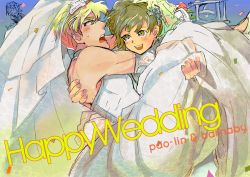 10s 1boy 1girl bad_id bad_pixiv_id bare_shoulders barnaby_brooks_jr. blonde_hair bridal_veil bride btop carrying crossdressing dress elbow_gloves gloves green_eyes hair_ornament huang_baoling kaburagi_t._kotetsu princess_carry role_reversal short_hair t_t tiger_&amp;_bunny veil wedding_dress