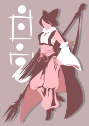 1girl alternate_costume boots bow chest_sarashi commentary_request cookie_(touhou) crop_top detached_sleeves faceless faceless_female full_body hair_bow hakurei_reimu highres holding holding_polearm holding_weapon long_hair no_lineart pants pink_theme polearm sarashi scarf shiromiya_rei shirt sleeveless sleeveless_shirt solo touhou trident ukiwagirl weapon