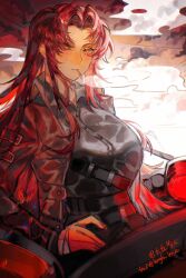 1girl black_coat black_shirt bngb_love breasts cigarette coat collared_shirt highres kali_(project_moon) large_breasts library_of_ruina lobotomy_corporation long_hair long_sleeves looking_at_viewer parted_bangs project_moon red_hair shirt sidelocks simple_background smoking solo standing trench_coat upper_body very_long_hair white_background yellow_eyes