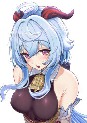 Rule 34 | 1girl, ahoge, bare shoulders, bell, blue hair, bodystocking, bodysuit, breasts, commentary request, detached sleeves, ganyu (genshin impact), genshin impact, highres, horns, kakabos, large breasts, long hair, looking at viewer, neck bell, open mouth, red eyes, red horns, sidelocks, simple background, sleeveless, sleeveless bodysuit, smile, solo, teeth, upper teeth only, white background