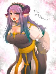 Rule 34 | 1girl, :d, ajie (sura-kun), arch bishop (ragnarok online), blush, breasts, cleavage, cleavage cutout, clothing cutout, commentary request, contrapposto, cowboy shot, cross, dress, earrings, fishnet thighhighs, fishnets, hand on own hip, highres, horns, jewelry, juliet sleeves, large breasts, leaning forward, long hair, long sleeves, looking at viewer, open mouth, pointy ears, puffy sleeves, purple hair, purple horns, ragnarok online, red eyes, sash, smile, solo, thighhighs, translation request, two-tone dress, upper body, white background, white dress, white thighhighs, yellow sash