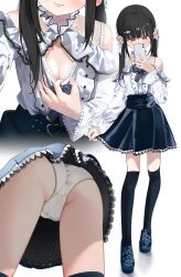 1girl alternate_hair_length alternate_hairstyle black_hair black_skirt black_socks blue_eyes blush bow breasts cleavage clothes_pull clothing_cutout collar commentary_request dress_pull frilled_collar frilled_shirt_collar frilled_skirt frilled_sleeves frills hair_ornament hayakawa_sena_(pei_iriya) highres jirai_kei kneehighs long_hair long_sleeves multiple_views original panties pei_iriya pulling_own_clothes shirt shoulder_cutout skirt socks solo standing twintails underwear white_panties white_shirt