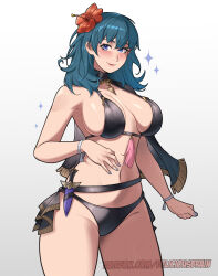 Rule 34 | 1girl, absurdres, bikini, black bikini, blue eyes, blue hair, blush, breasts, choker, cleavage, closed mouth, dagger, deliciousbrain, female byleth (fire emblem), female byleth (summer) (fire emblem), fire emblem, fire emblem: three houses, fire emblem heroes, flower, hair flower, hair ornament, hibiscus, highres, knife, large breasts, long hair, looking at viewer, navel, nintendo, official alternate costume, red flower, sheath, sheathed, sideboob, skindentation, smile, solo, swimsuit, thighs, underboob, weapon
