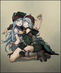 2girls bandana black_footwear black_shorts brown_background brown_eyes can chickenapple33 cross-laced_footwear feet full_body g11_(girls&#039;_frontline) girls&#039;_frontline girls&#039;_frontline_2:_exilium green_hat green_jacket grey_hair hashtag-only_commentary hat highres holding holding_can jacket long_hair looking_at_another looking_at_viewer mechty_(girls&#039;_frontline_2) multiple_girls open_mouth parted_lips red_bandana short_hair shorts simple_background sitting smile teeth time_paradox toes
