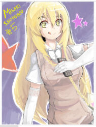 Rule 34 | 1girl, :q, absurdres, bag, blonde hair, border, breasts, brown sweater, brown sweater vest, brown vest, chain, character name, collared shirt, commentary, controller, elbow gloves, gloves, gold chain, hair between eyes, handbag, highres, holding, holding remote control, julioalqae, large breasts, long hair, looking at viewer, purple background, remote control, school uniform, shirt, shokuhou misaki, short sleeves, sleeveless, sleeveless sweater, smile, solo, sparkling eyes, spider web print, star (symbol), star print, summer uniform, sweater, sweater vest, toaru kagaku no railgun, toaru majutsu no index, tokiwadai school uniform, tongue, tongue out, upper body, v-neck, vest, white border, white gloves, white shirt, yellow eyes