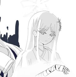 1girl bandaged_arm bandaged_hand bandages blue_archive colored_eyelashes cropped hair_ornament halo long_hair nagusa_(blue_archive) ponporu snowflake_hair_ornament solo upper_body white_eyelashes white_eyes white_hair white_halo