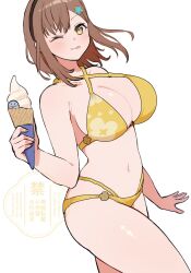 Rule 34 | 1girl, atelier (series), atelier ryza, bikini, blush, breasts, brown eyes, brown hair, closed mouth, cowboy shot, highres, huge breasts, ice cream cone, kaninoko, medium hair, one eye closed, reisalin stout, simple background, solo, swimsuit, tongue, tongue out, white background, yellow bikini