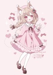 1girl animal_ear_fluff animal_ears beret blonde_hair bow bowtie braid brown_bow brown_bowtie brown_shoes collared_dress commentary_request commission dress frilled_sleeves frills full_body hair_bow hair_ornament hair_ribbon hairclip hanamaru_lily hat heart heart-shaped_pupils highres kuzuhara_kazuya long_hair long_sleeves looking_at_viewer mary_janes mismatched_pupils open_mouth original pantyhose pink_dress pink_hat puffy_long_sleeves puffy_sleeves red_eyes red_ribbon ribbon shoes skeb_commission smile solo standing star-shaped_pupils star_(symbol) symbol-shaped_pupils twin_braids white_pantyhose