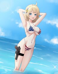 1girl ahoge american_flag american_flag_bikini american_flag_print armpits arms_behind_head arms_up bare_arms bare_legs bare_shoulders bikini blonde_hair blue_eyes blue_hairband blue_sky breasts cleavage cloud day dot_nose dutch_angle feet_out_of_frame flag_print flag_print_bikini girls&#039;_frontline groin grumbler2393 gun hairband handgun highres holster horizon large_breasts legs linea_alba m1911 m1911_(girls&#039;_frontline) navel ocean open_mouth outdoors print_bikini short_hair sky solo spaghetti_strap standing star_hairband stomach string_bikini swimsuit thigh_holster thighs toned toned_female wading water weapon