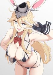 Rule 34 | 1girl, alternate costume, animal ear hairband, animal ears, bikini, black gloves, bow, bowtie, detached collar, fake animal ears, finger to mouth, gloves, hairband, headgear, highres, iowa (kancolle), kantai collection, leotard, playboy bunny, playboy bunny swimsuit, ponytail, rabbit ears, rabbit tail, red bow, red bowtie, shingyou (alexander-13), solo, star-shaped pupils, star (symbol), striped bikini, striped clothes, swimsuit, symbol-shaped pupils, tail