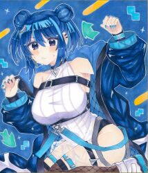 Rule 34 | bare shoulders, blue background, blue eyes, blue hair, blue jacket, blue nails, blush, boots, breasts, closed mouth, collarbone, double bun, duel monster, earrings, evil twin ki-sikil, evil twin lil-la, fishnet thighhighs, fishnets, hair bun, hip vent, ichinose haruka, jacket, jewelry, ki-sikil (yu-gi-oh!), large breasts, leotard, lil-la (yu-gi-oh!), marker (medium), official alternate costume, official alternate hairstyle, open clothes, open jacket, short hair, sweat, thigh strap, thighhighs, traditional media, white boots, white leotard, yu-gi-oh!