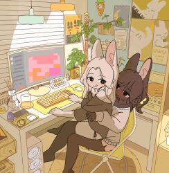 2girls :q analog_clock animal_ears black_eyes black_fur black_hair black_thighhighs blush body_fur bright_pupils chair clock computer computer_keyboard computer_mouse computer_tower cup dolphin_shorts drinking_glass folding_chair furry furry_female highres incest indoors lamp looking_back mario_(series) minecraft monitor multiple_girls nintendo original phonograph pink_shorts plant ponytail poster_(object) potted_plant rabbit_ears rabbit_girl rug short_shorts shorts siblings sisters sitting sitting_on_lap sitting_on_person smile thighhighs tongue tongue_out white_fur white_hair white_pupils window_blinds yagi_(mike_no_hito) yuri