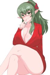 1girl arm_support breasts cleavage crossed_legs finger_to_mouth fire_emblem fire_emblem_awakening formal_clothes green_eyes green_hair highres huge_breasts looking_at_viewer nintendo office_lady orbiculare pointy_ears ponytail red-framed_eyewear red_suit shirt solo suit thick_thighs thighs tiki_(adult)_(fire_emblem) tiki_(fire_emblem) white_shirt