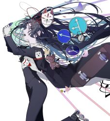 1girl ado_(utaite) alarm_clock black_bow black_bowtie black_coat black_hair blue_eyes blue_flower blue_hair blue_rose bow bowtie bug butterfly cellphone chando_(ado) clock cloud_nine_inc coat collared_shirt colored_inner_hair commentary_request dress_shirt falling_petals floating_hair flower flower_brooch fox_mask gloves highres holding holding_phone insect long_hair long_sleeves mask multicolored_hair musical_note official_art open_clothes open_coat open_mouth orihara_(ewkkyorhr) petals phone profile rocket roller_skates rose shirt simple_background skateboard skates smartphone softbank solo musical_staff stuffed_animal stuffed_toy teddy_bear teeth two-tone_hair utaite white_background white_gloves white_shirt