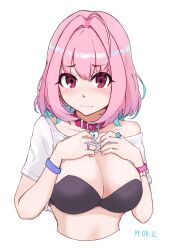 1girl ahoge aqua_hair bangle belt belt_collar black_bra blue_wrist_cuffs blush bra bracelet breasts calendarv choker cleavage closed_mouth clothes_lift collar collarbone colored_inner_hair commentary cropped_torso dated earrings fanged_bangs hair_intakes heart-shaped_lock heart_collar highres idolmaster idolmaster_cinderella_girls idolmaster_cinderella_girls_starlight_stage jewelry large_breasts lifting_own_clothes looking_at_viewer medium_hair multicolored_hair pill_earrings pill_ring pink_belt pink_choker pink_collar pink_eyes pink_hair pink_wrist_cuffs ring shirt shirt_lift short_sleeves simple_background single_bare_shoulder single_off_shoulder solo t-shirt two-tone_hair underwear white_background white_shirt wrist_cuffs yumemi_riamu