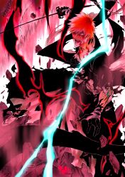1boy absurdres aura bankai black_jacket bleach bleach:_sennen_kessen-hen blood blood_on_face chain collarbone debris gloves glowing_lines highres holding holding_sword holding_weapon jacket ken&#039;ichi_(ken1ro_u) kurosaki_ichigo looking_at_viewer one_eye_closed open_mouth orange_hair red_eyes sash shihakusho solo sword teeth tensa_zangetsu_(bankai) torn_clothes torn_sleeve weapon zanpakutou