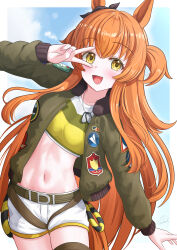 1girl absurdres animal_ears belt blush bomber_jacket bow breasts brown_ribbon brown_thighhighs commentary_request cowboy_shot crop_top dog_tags ear_ribbon gamel_120 green_belt green_jacket groin hair_between_eyes hand_up highres horse_ears horse_girl jacket long_hair long_sleeves looking_at_viewer mayano_top_gun_(umamusume) midriff navel open_clothes open_jacket open_mouth orange_eyes orange_hair ribbon shadow shirt short_shorts shorts sidelocks sitting small_breasts smile solo thighhighs thighs two_side_up umamusume v v_over_eye white_shorts yellow_shirt zettai_ryouiki