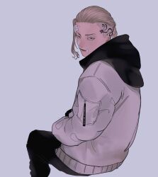 Rule 34 | 1boy, black eyes, black pants, blonde hair, braid, braided ponytail, closed mouth, commentary request, dragon tattoo, feet out of frame, from side, gauze, gauze on forehead, grey background, head tattoo, highres, hood, hood down, hooded jacket, invisible chair, jacket, jitome, long hair, long sleeves, looking at viewer, looking to the side, male focus, mano aaa, pants, ryuuguuji ken, simple background, single braid, sitting, solo, swastika, tattoo, tokyo revengers, white jacket