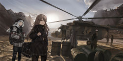 2girls 4others absurdres aircraft assault_rifle beret black_coat blue_sky brown_eyes brown_hair camouflage cloud coat commentary_request drum_(container) girls&#039;_frontline green_eyes gun h&amp;k_hk416 hat helicopter highres hk416_(fang)_(girls&#039;_frontline) hk416_(girls&#039;_frontline) holding holding_gun holding_weapon long_hair looking_at_viewer multiple_girls multiple_others onebon outdoors rifle scenery sky snow_camouflage standing ump45_(girls&#039;_frontline) ump45_(winter_journey)_(girls&#039;_frontline) unused_tire weapon white_hair