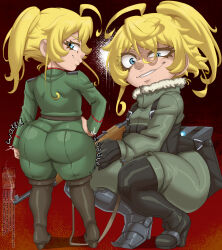 Rule 34 | 1girl, ahoge, ass, backpack, bag, black gloves, blonde hair, blue eyes, boots, closed mouth, coat, evil smile, from behind, full body, fur-trimmed coat, fur trim, gloves, gradient background, green jacket, green pants, grin, gun, hand on own hip, high heel boots, high heels, holding, holding gun, holding weapon, huge ass, jacket, kae&#039;est, knee boots, looking back, military uniform, pants, ponytail, popped collar, red background, rifle, smile, smug, solo, squatting, standing, tanya degurechaff, thick thighs, thighs, weapon, youjo senki