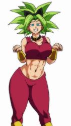 1boy 1girl abs animal_ears animated ass_shake audible_music bare_shoulders begging blue_eyes blush bouncing_breasts breasts cabba cat_ears collar collarbone crop_top curvy dancing dragon_ball dragon_ball_super earrings fake_animal_ears fusion gauntlets green_hair hairband highres jewelry kefla_(dragon_ball) large_breasts long_hair meme muscular muscular_female music navel pants potara_earrings rezp sad_cat_dance_(meme) saiyan sleeveless smile sound spiked_hair stomach thick_thighs thighs tight_clothes tight_pants video white_background wide_hips