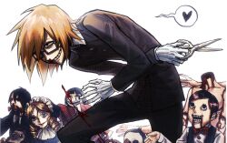 1boy black_eyes blood commentary cowboy_shot doll english_commentary glasses gloves grin headless_doll heart highres holding holding_scissors looking_to_the_side male_focus orange_hair pest_fox randal&#039;s_friends randal_ivory scissors short_hair simple_background smile spoken_heart white_background white_gloves