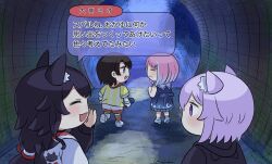 Rule 34 | 4girls, :d, animal ears, back ribbon, black hair, blush, cat girl, chibi, chibi only, commentary, flashlight, flashlight beam, from behind, gameplay mechanics, hand to own mouth, highres, himemori luna, holding, holding flashlight, hololive, kujirako (user wusc5438), looking at another, multiple girls, nekomata okayu, night, ookami mio, oozora subaru, open mouth, pink hair, purple eyes, purple hair, smile, speech bubble, summer, translation request, tunnel, twitter username, vegetation, virtual youtuber, wolf girl