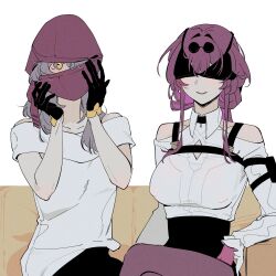 2girls black_bra black_gloves black_shorts bra bra_on_head breasts clothing_cutout collared_shirt commentary d0600059994959 english_commentary eyewear_on_head glasses gloves high-waist_shorts highres honkai:_star_rail honkai_(series) kafka_(honkai:_star_rail) large_breasts long_sleeves multiple_girls object_on_head pantyhose pince-nez purple_bra purple_gloves purple_pantyhose shirt shirt_tucked_in shorts shoulder_cutout sitting smile stelle_(honkai:_star_rail) sunglasses trailblazer_(honkai:_star_rail) underwear white_shirt yellow_eyes yuri
