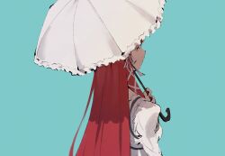 1girl aqua_background breasts dress facing_away frilled_dress frills hair_ribbon highres holding holding_umbrella kurorium long_hair parasol persona persona_3 red_hair ribbon sidelocks small_breasts solo straight_hair umbrella upper_body white_dress white_ribbon white_umbrella yoshino_chidori