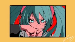 1girl aqua_eyes aqua_hair bare_shoulders black_sleeves border collared_shirt crazy02oekaki detached_sleeves grey_shirt hair_between_eyes hatsune_miku headset highres long_hair looking_at_viewer parted_lips shirt signature solo twintails upper_body vocaloid wiping_mouth yellow_border