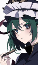 1girl asymmetrical_sidelocks black_eyeliner blue_eyes blue_vest eyeliner eyeshadow frilled_hat frills green_eyeshadow green_hair hat highres looking_at_viewer makeup red_ribbon ribbon rod_of_remorse shiki_eiki short_hair simple_background slra solo touhou v-shaped_eyebrows vest white_background