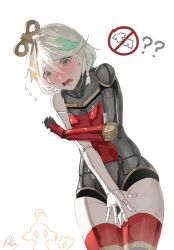 1girl ? ?? artist_name blush braid breasts cecilia_immergreen doll_joints embarrassed gigi_murin green_eyes green_hair highres hololive hololive_english joints mechanical_arms multicolored_hair nose_blush open_mouth radical_highway robot_girl robot_joints single_mechanical_arm small_breasts solo virtual_youtuber white_background white_hair winding_key
