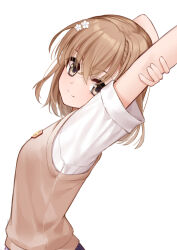 1girl absurdres arms_up brown_eyes brown_hair brown_sweater_vest closed_mouth commentary from_side hair_ornament hairpin highres looking_at_viewer misaka_mikoto school_emblem school_uniform shirt short_hair short_sleeves smile solo stretching summer_uniform sweater_vest toaru_kagaku_no_railgun toaru_majutsu_no_index tokiwadai_school_uniform white_background white_shirt wlswlp