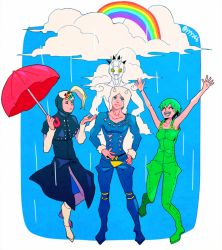 1girl 2boys blackmore catch_the_rainbow cloud foo_fighters_(jojo) green_hair hat jojo_no_kimyou_na_bouken multiple_boys overalls power_connection rain rainbow sky stand_(jojo) steel_ball_run stone_ocean umbrella weather_report weather_report_(stand) yyy246