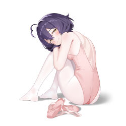 1girl absurdres ahoge alternate_costume ass backless_outfit bag ballerina ballet black_hair breasts character_doll dinyc head_on_knees highres hiiragi_utena leotard mahou_shoujo_ni_akogarete nervous_smile on_ground pantyhose pink_leotard school_bag shoes short_hair simple_background small_breasts smile solo unworn_shoes venalita white_background white_pantyhose yellow_eyes