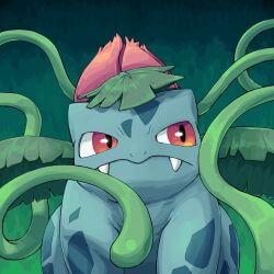 blue_sky fangs gen_1_pokemon highres ivysaur looking_to_the_side nintendo no_humans plant pokemon pokemon_(creature) red_eyes sharpski sky solo vine_whip vines