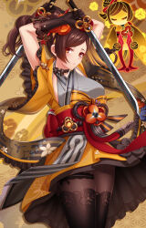 1girl arms_up black_gloves black_pantyhose blonde_hair bow breasts brown_hat chiori_(genshin_impact) closed_mouth commentary cowboy_shot doll dual_wielding gem genshin_impact geo_symbol_(genshin_impact) gloves grey_kimono hat highres holding holding_sword holding_weapon japanese_clothes kimono long_hair looking_at_viewer medium_breasts obi pantyhose red_eyes red_sash sash solo sword tamoto_(genshin_impact) vision_(genshin_impact) weapon yellow_bow yellow_gemstone zhou_yu_(ppaaqz1995)