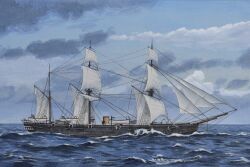 Rule 34 | acrylic paint (medium), atelier bono, evening, flag, frigate, highres, imperial japanese navy, ironclad, kaimon (ironclad), mast, military vehicle, morning, no humans, ocean, original, painting (medium), sail, sailing ship, ship, sky, smoke, smokestack, traditional media, vehicle focus, warship, watercraft