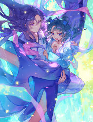 1boy 1girl artist_name blue_eyes blue_flower carrying chinese_clothes commentary_request copyright_name crying crying_with_eyes_open fingernails flower green_hair hair_flower hair_ornament highres jinshi_(kusuriya_no_hitorigoto) kusuriya_no_hitorigoto long_hair looking_at_another looking_to_the_side maomao_(kusuriya_no_hitorigoto) open_mouth orange_sekaii princess_carry purple_eyes purple_hair sweatdrop tears
