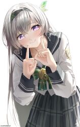 1girl absurdres black_hairband black_sailor_collar black_skirt bow bowtie closed_mouth commentary cryne fingersmile firefly_(honkai:_star_rail) firefly_(spring_missive)_(honkai:_star_rail) green_bow green_bowtie grey_hair hairband highres honkai:_star_rail honkai_(series) leaning_forward light_blush long_hair long_sleeves looking_at_viewer official_alternate_costume plaid_clothes plaid_skirt purple_eyes sailor_collar school_uniform serafuku shirt simple_background skirt smile solo white_background white_shirt