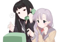 2girls ? atlach-nacha black_eyes black_hair black_sailor_collar black_shirt blunt_bangs blush braid brown_cardigan cardigan clenched_hand closed_mouth commentary_request confused hair_over_shoulder half-closed_eyes hands_up head_tilt hirasaka_hatsune holding holding_phone index_finger_raised long_hair long_sleeves miyama_kanako multiple_girls neck_ribbon neckerchief open_mouth payphone phone purple_hair receiver red_eyes red_ribbon ribbon sailor_collar school_uniform serafuku shikosour shirt simple_background single_braid smile spoken_question_mark teaching upper_body white_background white_neckerchief